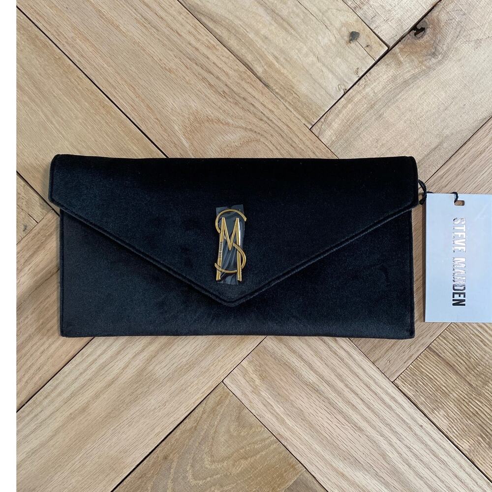 NWT Steve Madden Black Envelope Clutch Gold Logo Evening Bag